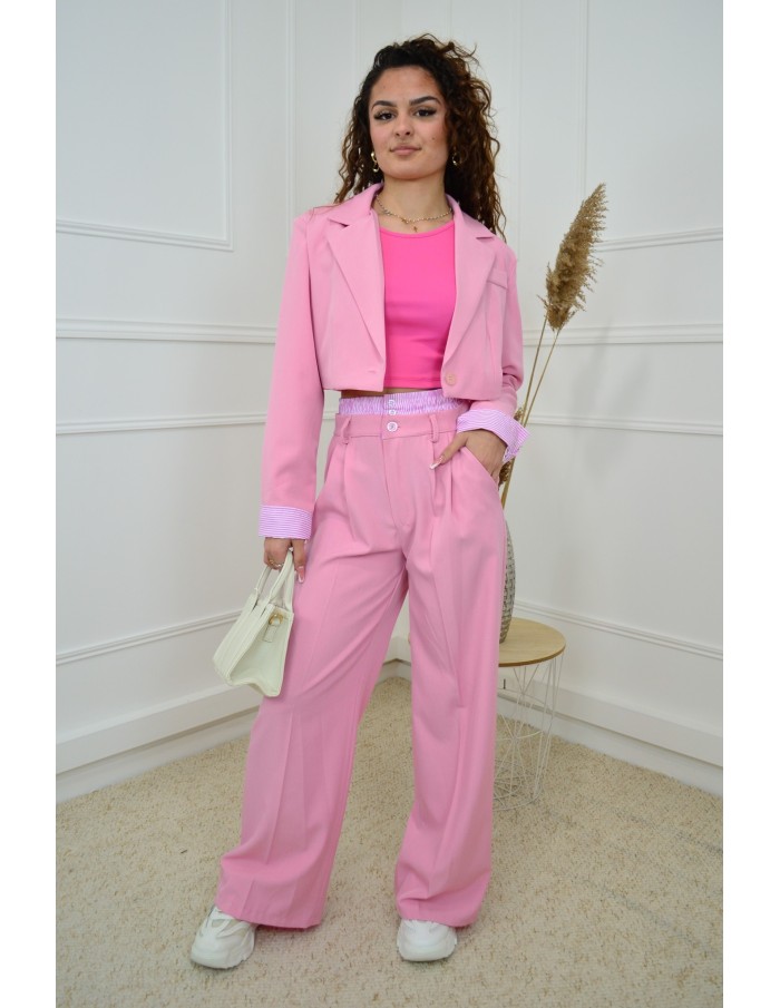 Ensemble 2 pièces rose : blazer cropped et pantalon fluide avec détails rayées - femme - Accueil