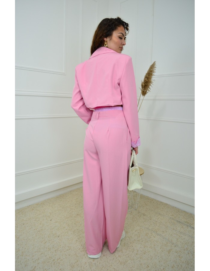 Ensemble 2 pièces rose : blazer cropped et pantalon fluide avec détails rayées - femme - Accueil