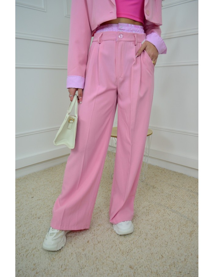 Ensemble 2 pièces rose : blazer cropped et pantalon fluide avec détails rayées - femme - Accueil