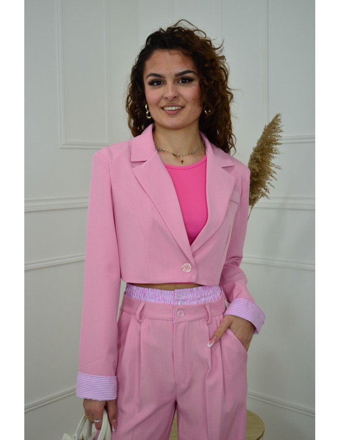 Ensemble 2 pièces rose : blazer cropped et pantalon fluide avec détails rayées - femme - Accueil