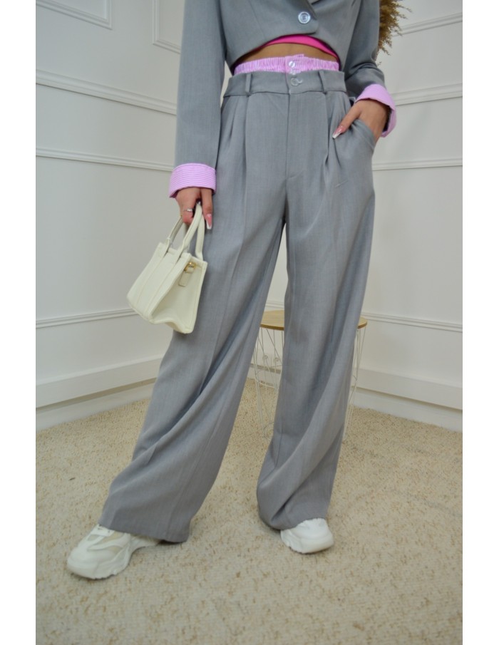 Ensemble 2 pièces gris: blazer cropped et pantalon fluide avec détails rayées - femme - Accueil