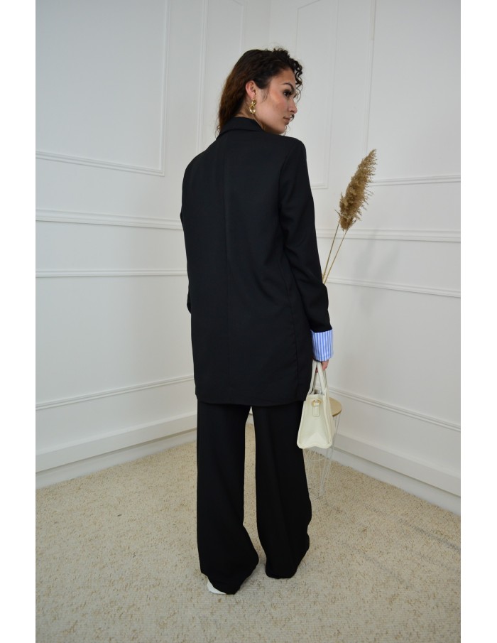 Ensemble 2 pièces noir - Blazer oversize et pantalon à détails rayés - femme - Accueil
