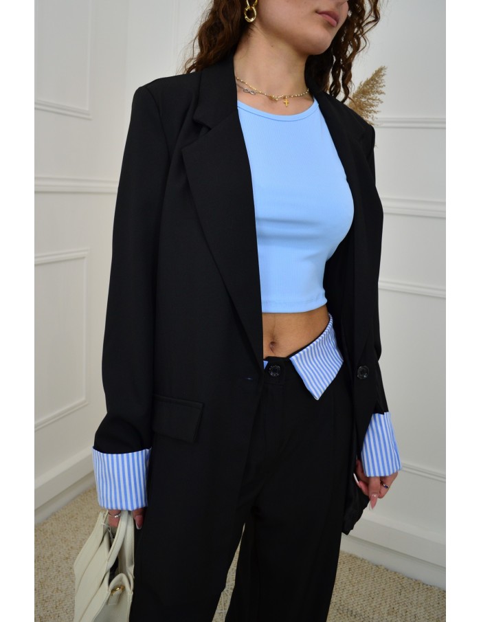 Ensemble 2 pièces noir - Blazer oversize et pantalon à détails rayés - femme - Accueil