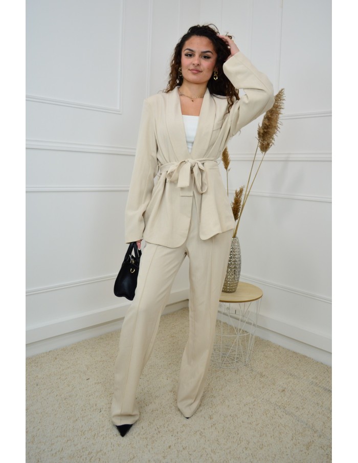 Ensemble 2 pièces beige - Blazer à nouer et pantalon - femme - Accueil
