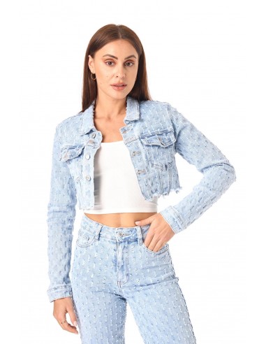 Veste en jean courte effet dechiré -...