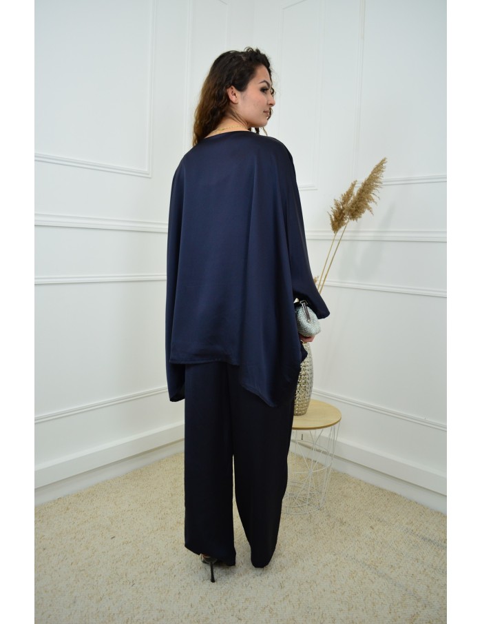 Ensemble Bleu Marine Satiné Femme avec Strass – Élégance & Confort
