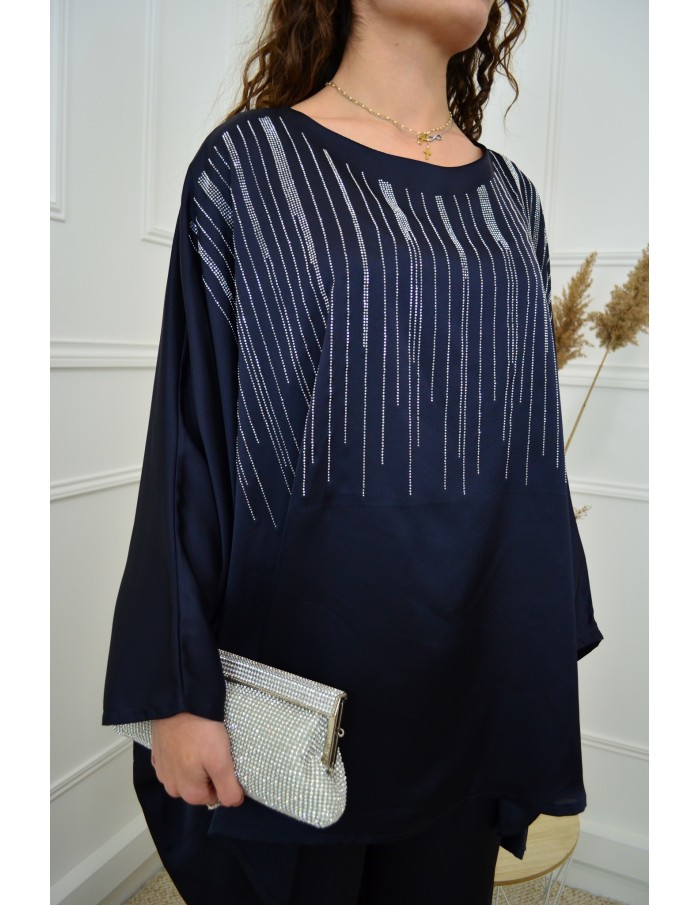 Ensemble Bleu Marine Satiné Femme avec Strass – Élégance & Confort