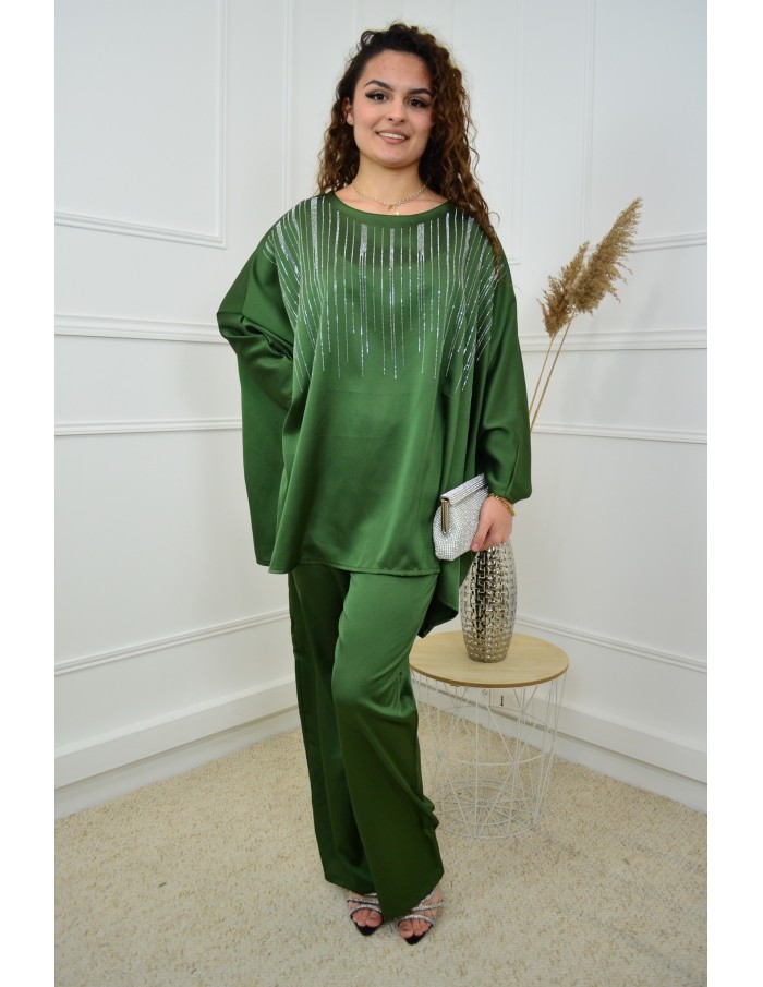 Ensemble Kaki Satiné Femme avec Strass – Élégance & Confort