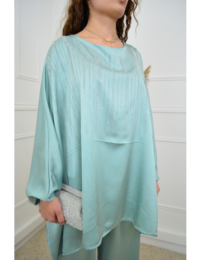 Ensemble Bleu ciel Satiné Femme avec Strass – Élégance & Confort