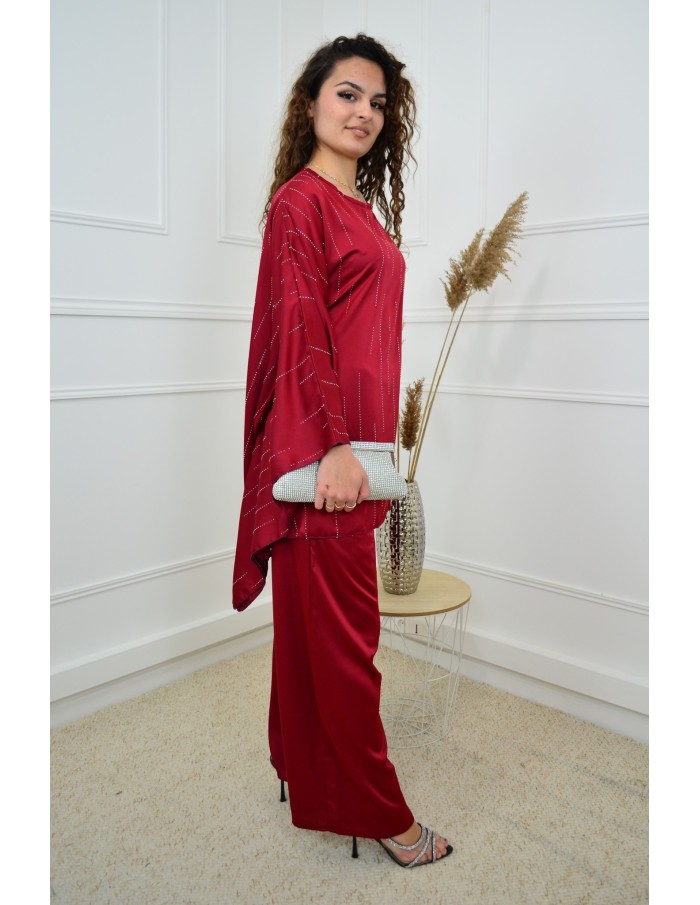Ensemble bordeaux femme haut + pantalon satiné avec strass - Élégant
