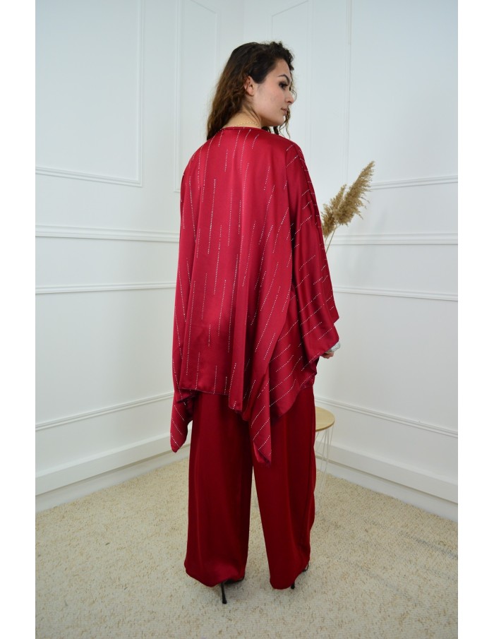 Ensemble bordeaux femme haut + pantalon satiné avec strass - Élégant