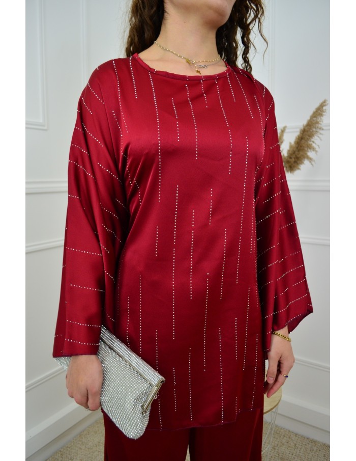 Ensemble bordeaux femme haut + pantalon satiné avec strass - Élégant