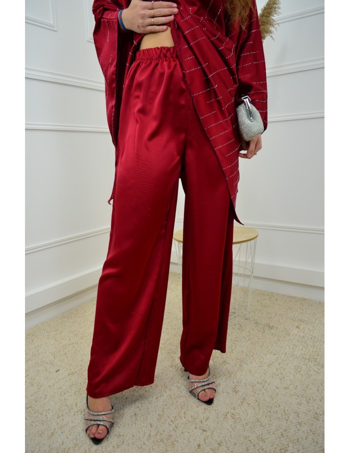 Ensemble bordeaux femme haut + pantalon satiné avec strass - Élégant