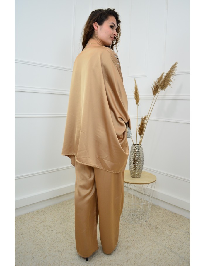 Ensemble doré haut + pantalon satiné avec strass - femme - Accueil