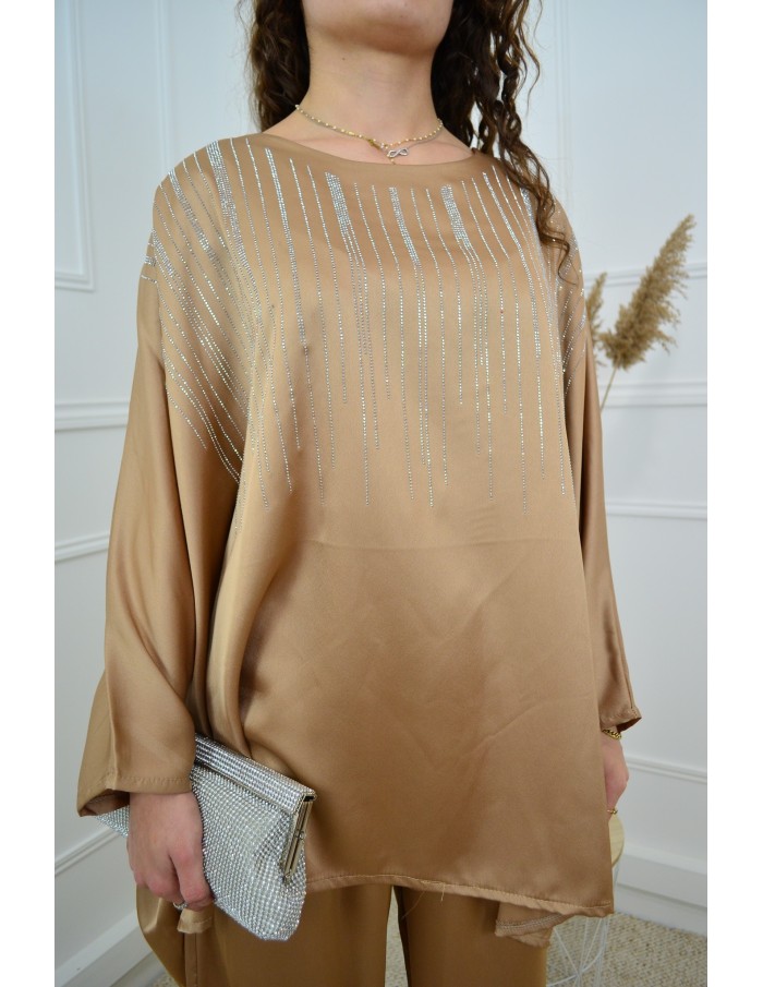 Ensemble doré haut + pantalon satiné avec strass - femme - Accueil