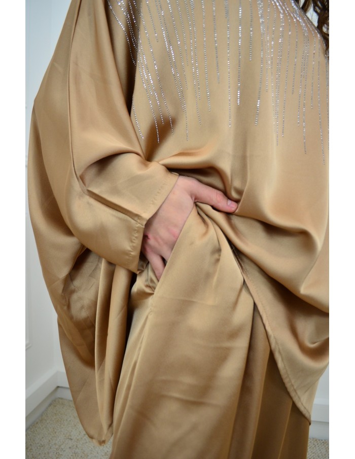 Ensemble doré haut + pantalon satiné avec strass - femme - Accueil