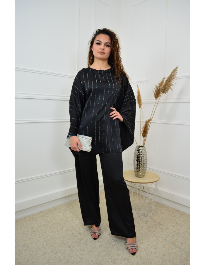Ensemble noir haut avec strass + pantalon satiné - femme - Accueil