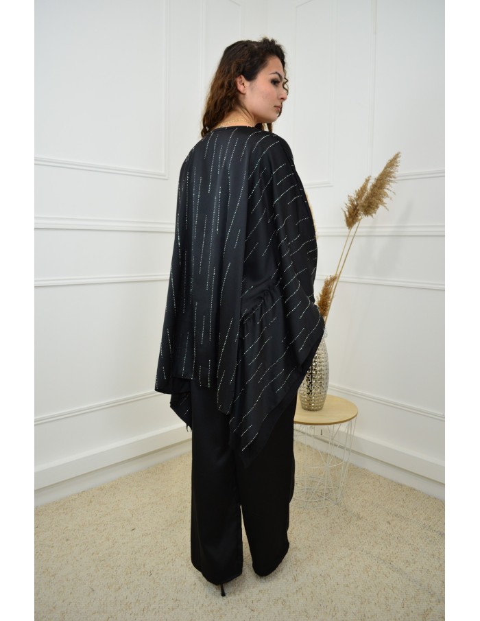 Ensemble noir haut avec strass + pantalon satiné - femme - Accueil