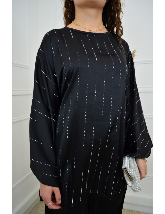 Ensemble noir haut avec strass + pantalon satiné - femme - Accueil