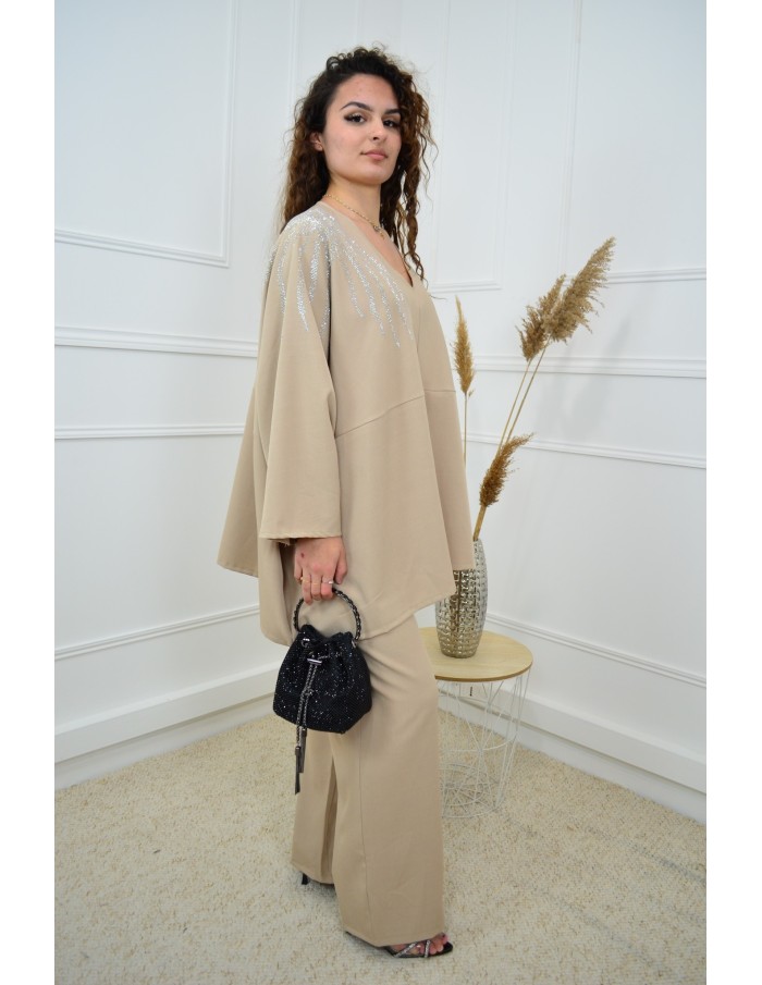 Ensemble beige haut avec strass + pantalon - femme - Accueil