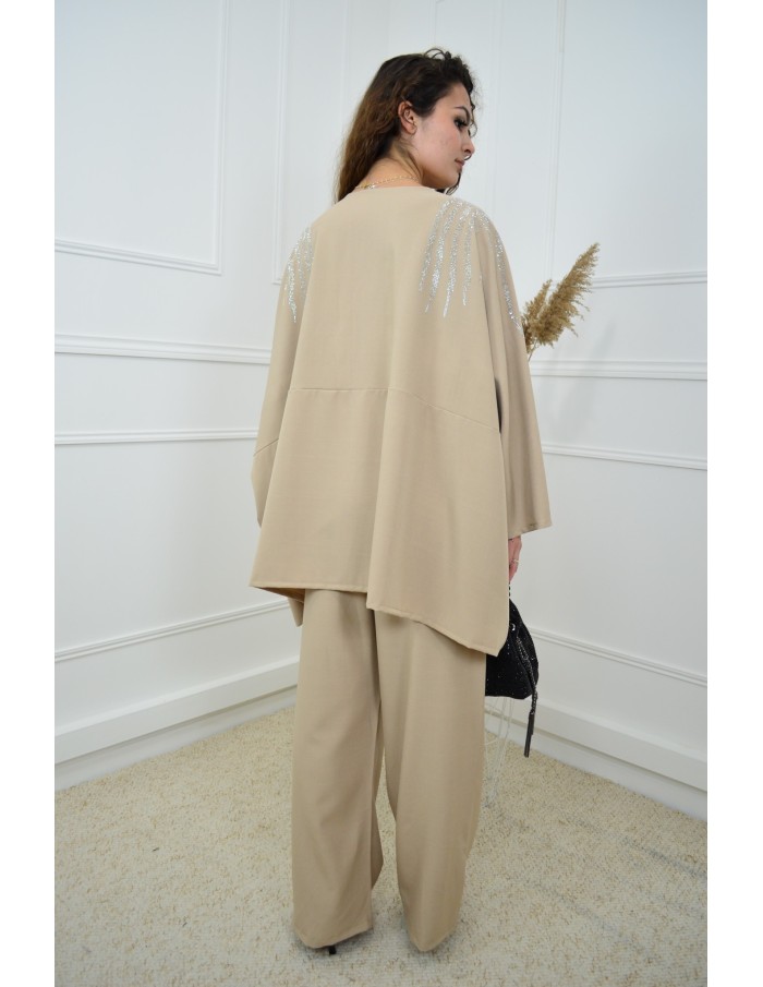 Ensemble beige haut avec strass + pantalon - femme - Accueil