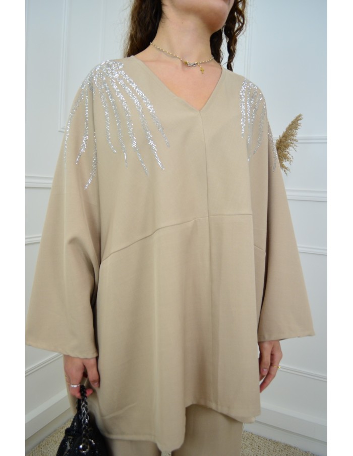 Ensemble beige haut avec strass + pantalon - femme - Accueil