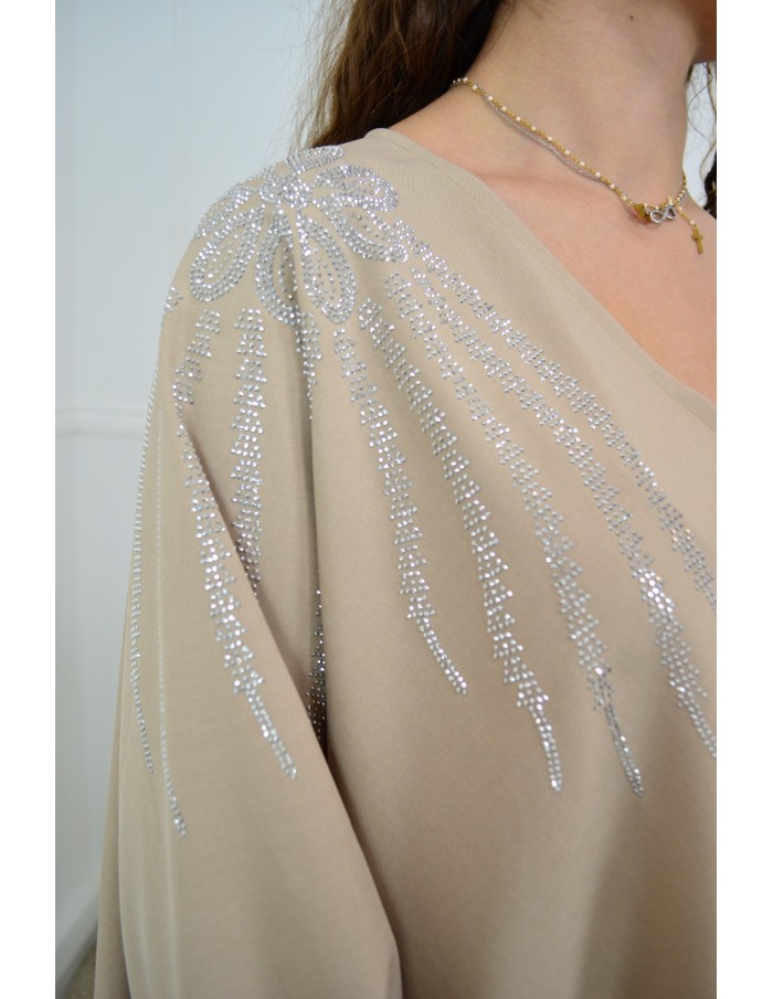Ensemble beige haut avec strass + pantalon - femme - Accueil