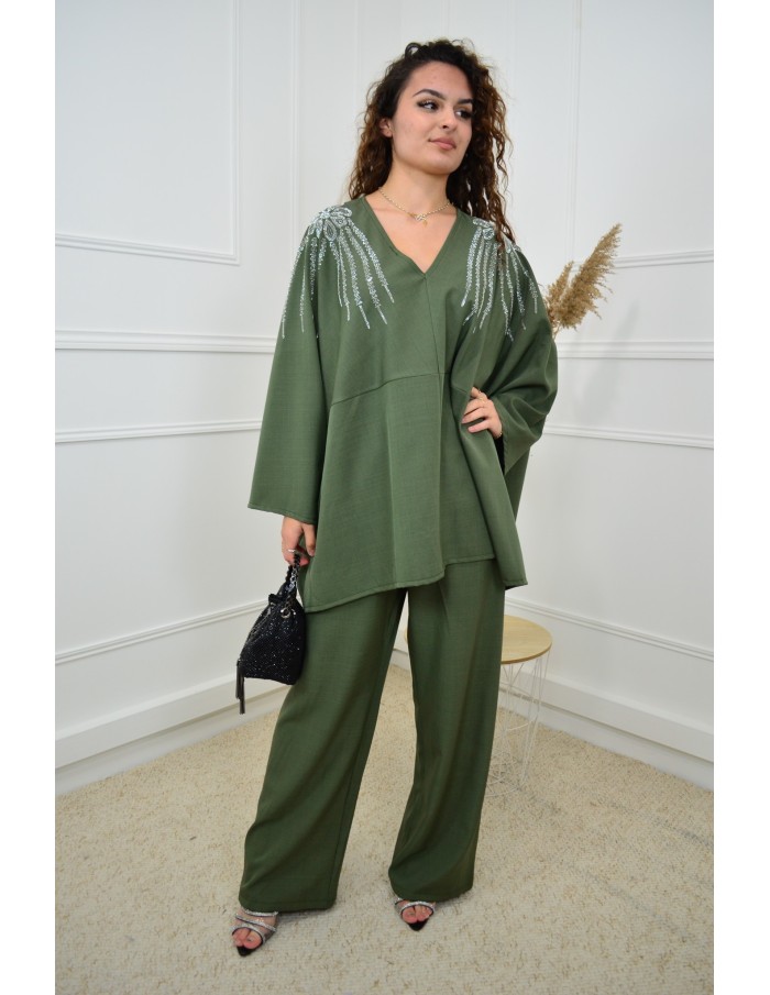 Ensemble kaki haut avec strass + pantalon - femme - Accueil