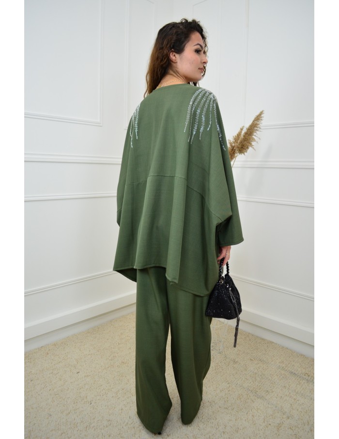 Ensemble kaki haut avec strass + pantalon - femme - Accueil