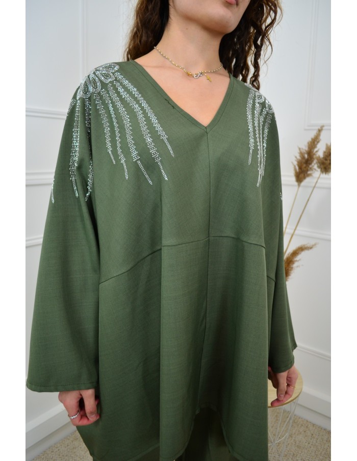 Ensemble kaki haut avec strass + pantalon - femme - Accueil