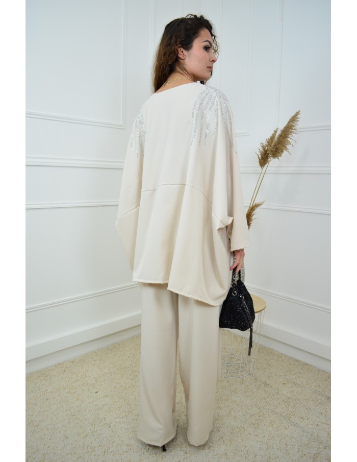 Ensemble blanc haut avec strass + pantalon - femme - Accueil