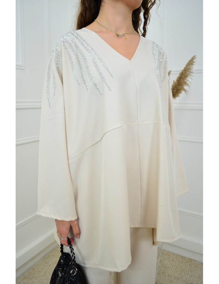 Ensemble blanc haut avec strass + pantalon - femme - Accueil