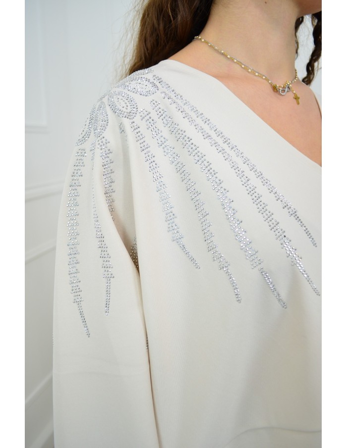 Ensemble blanc haut avec strass + pantalon - femme - Accueil