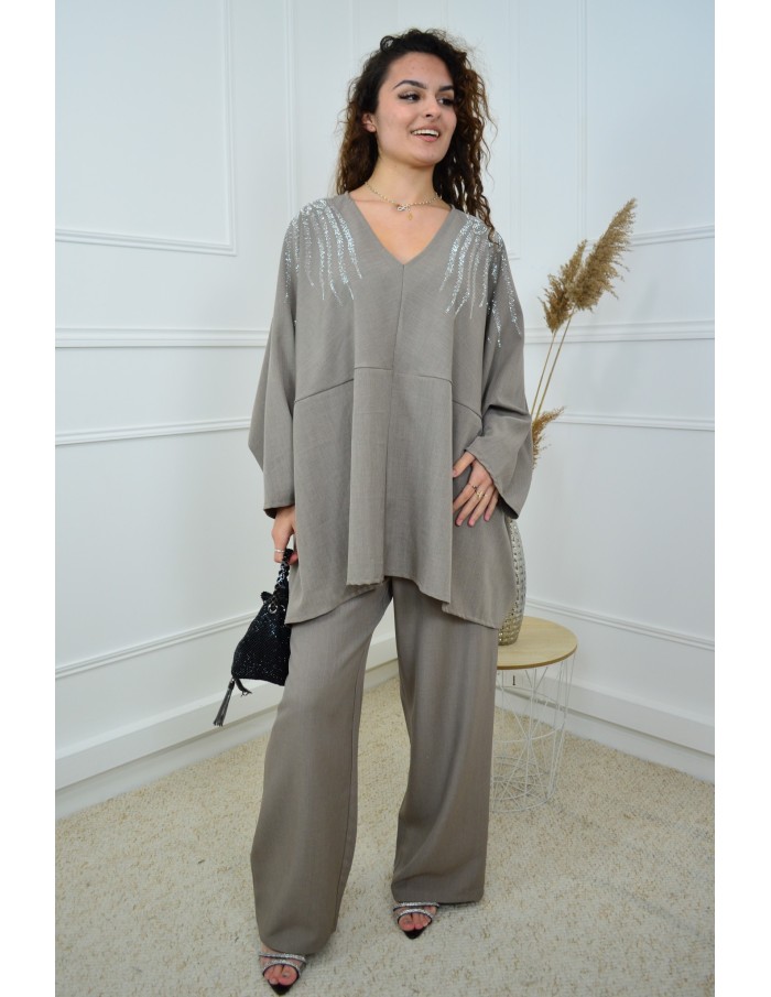 Ensemble taupe haut avec strass + pantalon - femme - Accueil