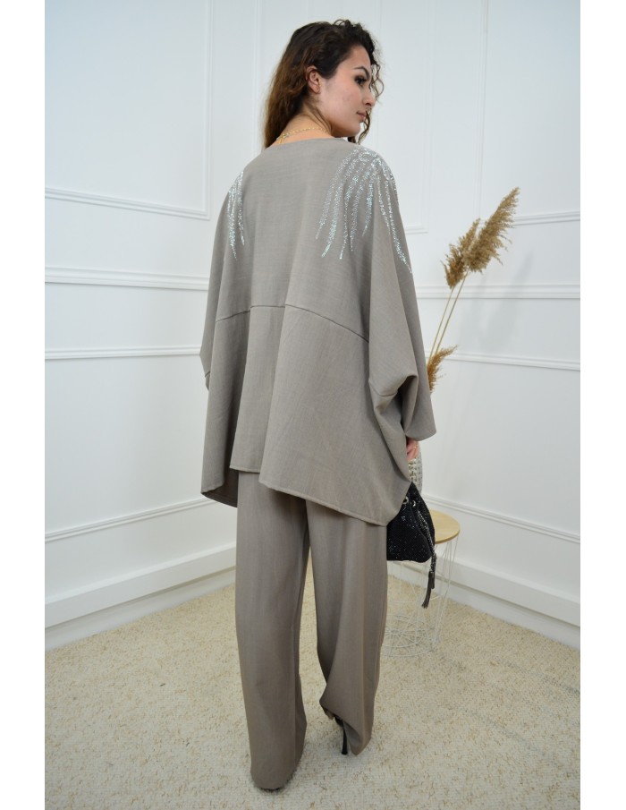 Ensemble taupe haut avec strass + pantalon - femme - Accueil