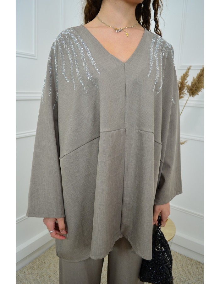 Ensemble taupe haut avec strass + pantalon - femme - Accueil