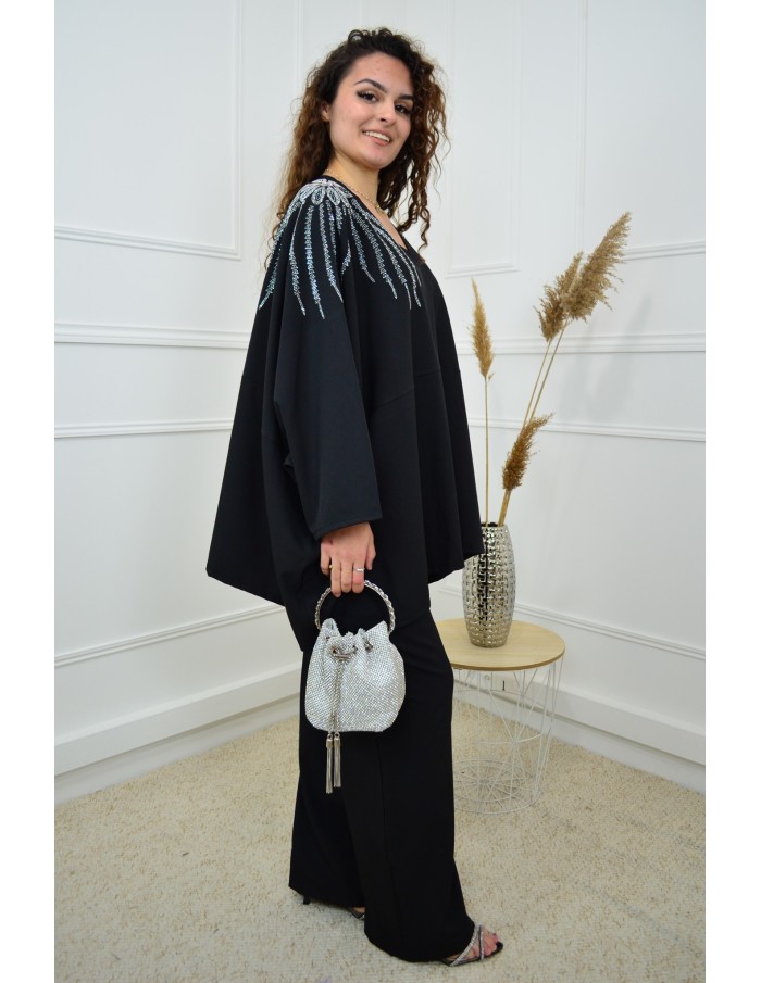 Ensemble noir haut avec strass + pantalon - femme - Accueil