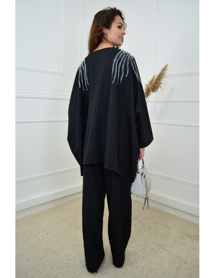 Ensemble noir haut avec strass + pantalon - femme - Accueil
