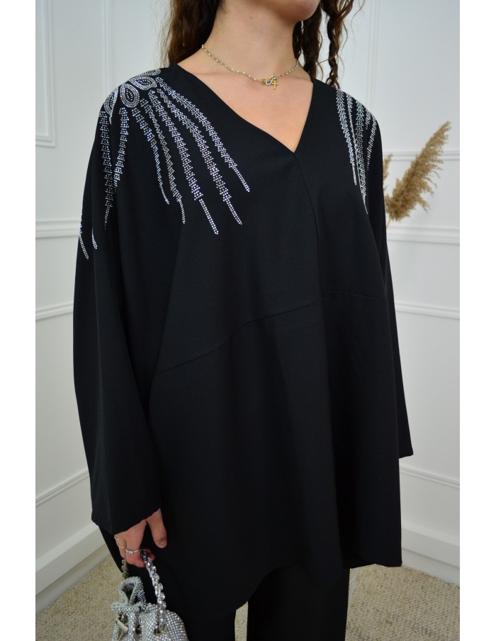 Ensemble noir haut avec strass + pantalon - femme - Accueil