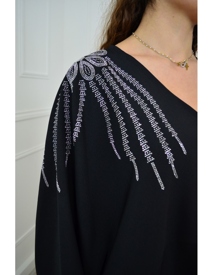 Ensemble noir haut avec strass + pantalon - femme - Accueil