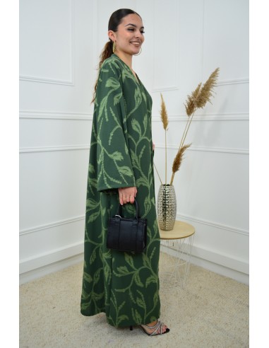 Robe verte texturée col v avec fleurs...