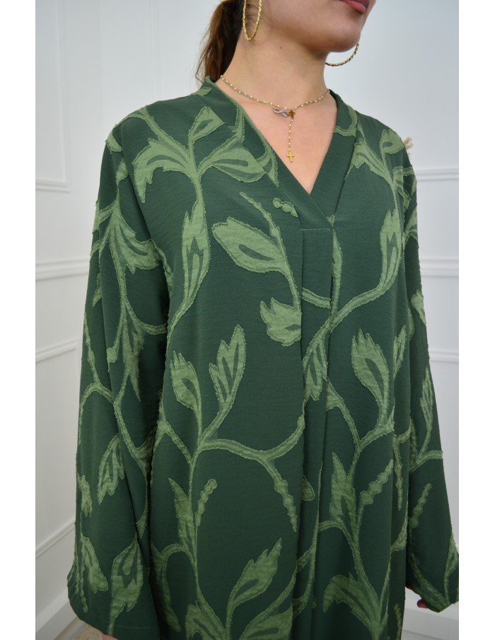 Robe verte texturée col v avec fleurs – femme - Accueil