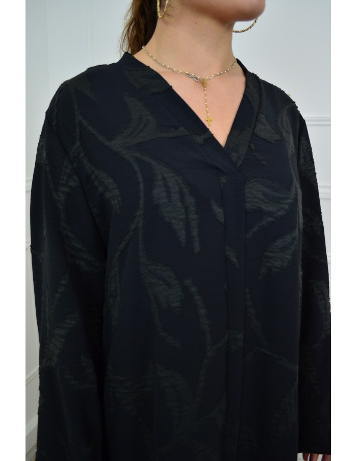 Robe noire texturée col v avec fleurs – femme - Accueil