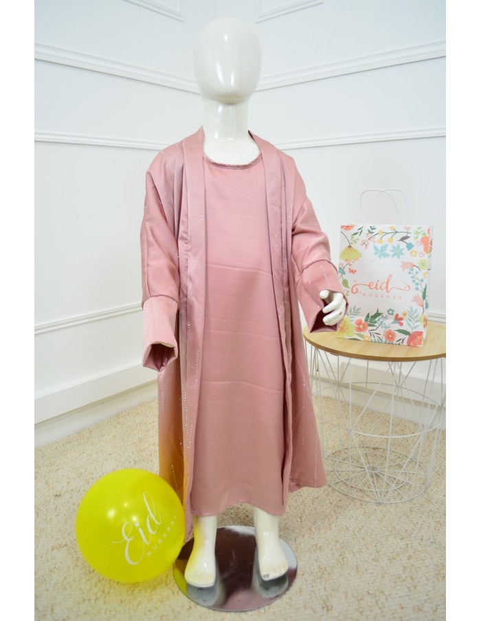 Ensemble rose Gilet + Robe Longue Sans Manches avec Strass - fille de 4 à 14 ans - Accueil