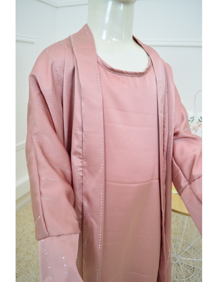 Ensemble rose Gilet + Robe Longue Sans Manches avec Strass - fille de 4 à 14 ans - Accueil