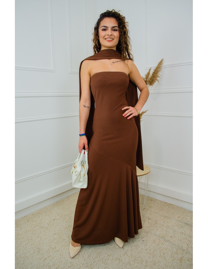 Robe longue marron bustier côtelée avec foulard – Taille unique femme 34 à 42