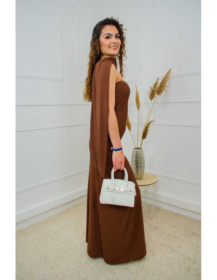 Robe longue marron bustier côtelée avec foulard – Taille unique femme 34 à 42