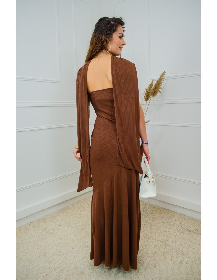 Robe longue marron bustier côtelée avec foulard – Taille unique femme 34 à 42
