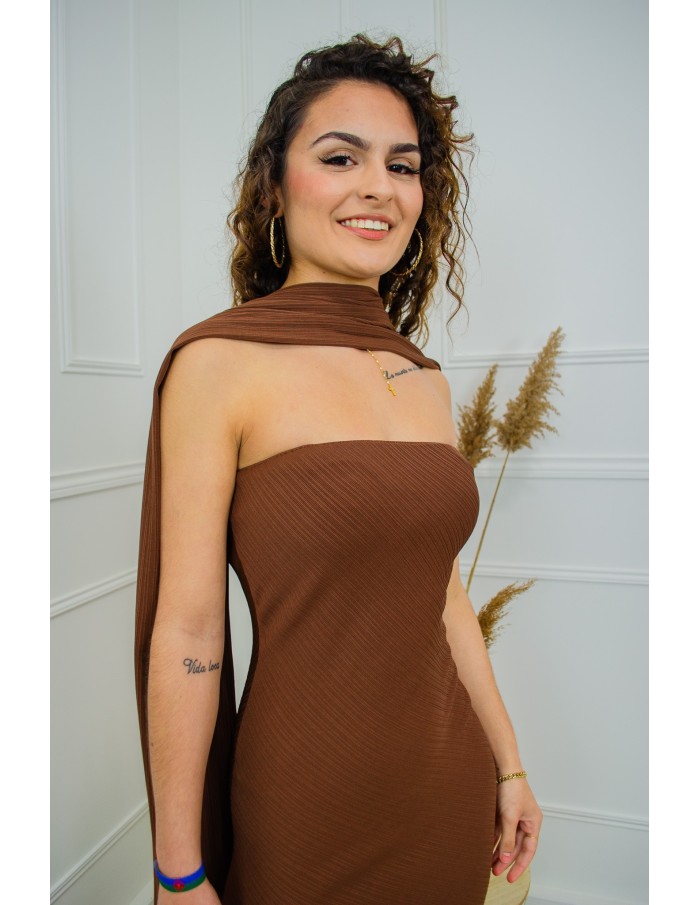 Robe longue marron bustier côtelée avec foulard – Taille unique femme 34 à 42
