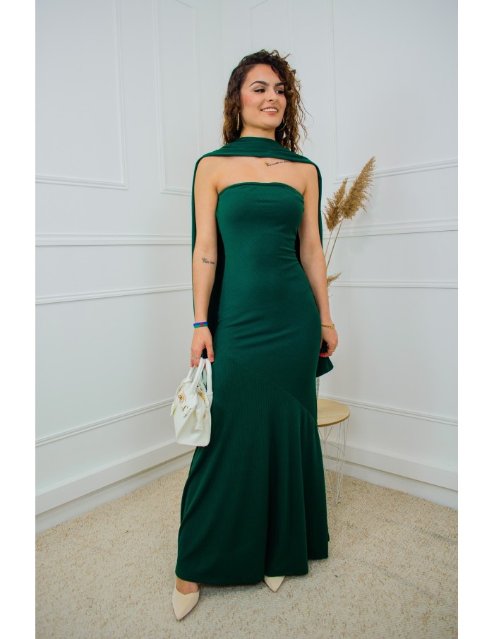 Robe longue vert foncé bustier côtelée avec foulard – Taille unique femme 34 à 42